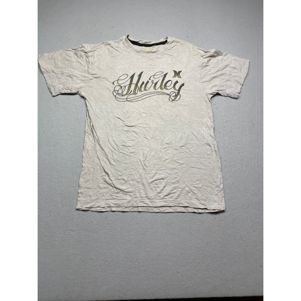 Hurley T Shirt Cotton Blend Heather Beige Script Logo Small Mens